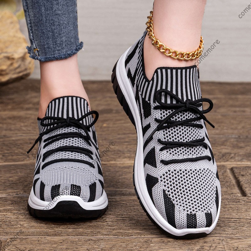 Knit Fabric Lace Up Sneakers - 女性用ニットスリッポンスニーカー通気性のあるレースアップ春夏ウォーキングシューズ女性用軽量カジュアルシューズ Кеды Женские